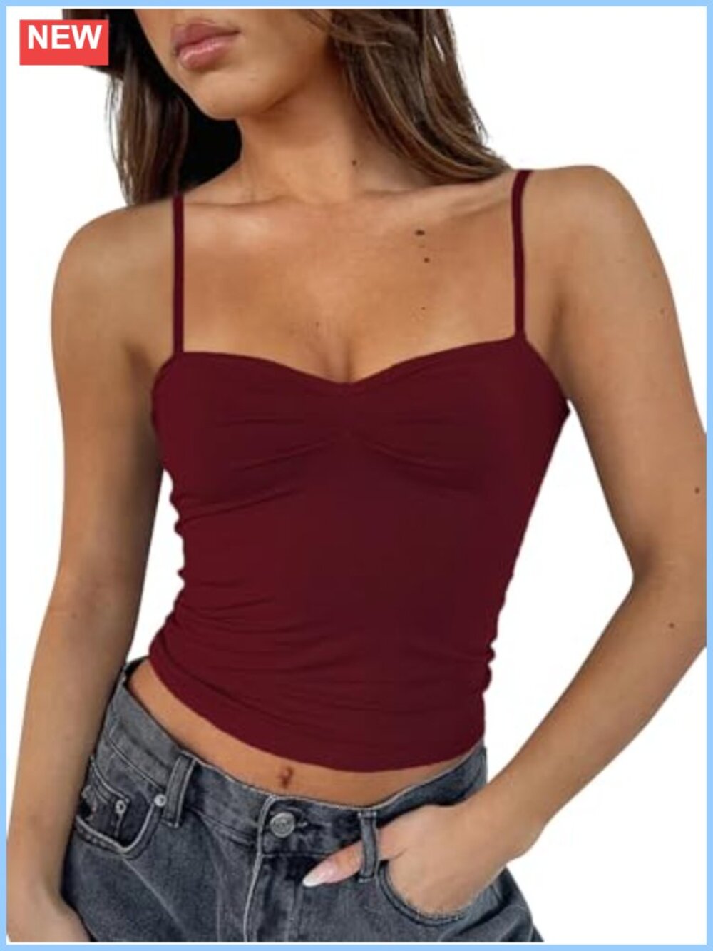 Women's Sexy Crop Tank Top Double Lined Spaghetti Strap Ruched